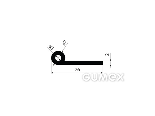 Gumový profil tvaru "P" s dutinkou, 26x7/2mm, 70°ShA, EPDM, -40°C/+100°C, čierny